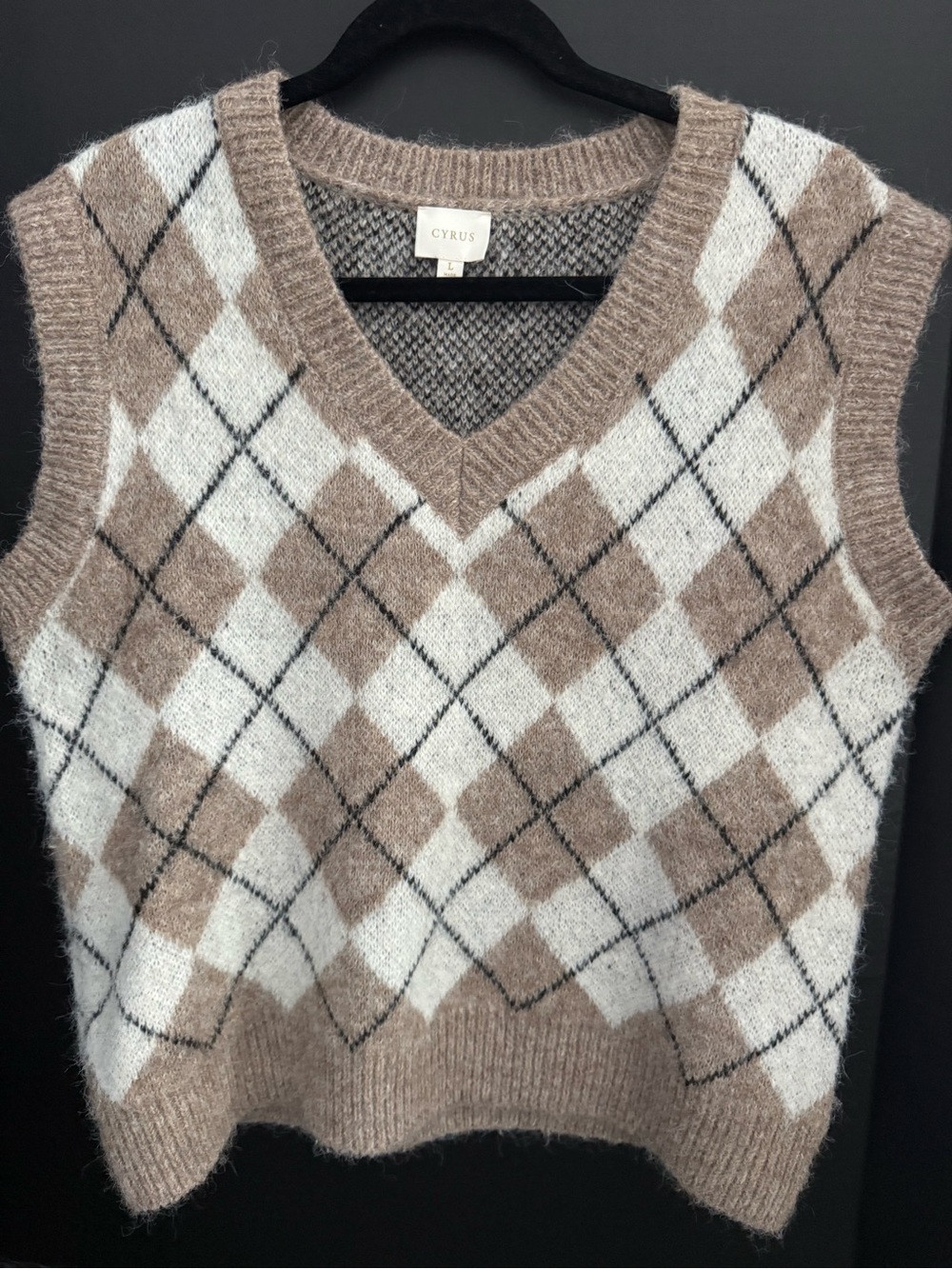 Cyrus Beige and White Argyle V-Neck Sweater Vest